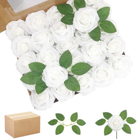 WANTMAZOR 200PCS Artificial Flowers White Roses Real Looking Foam Fake Roses with Leaves and for DIY Wedding Bouquets Bridal Shower Centerpieces Party Decorations (White, 200)