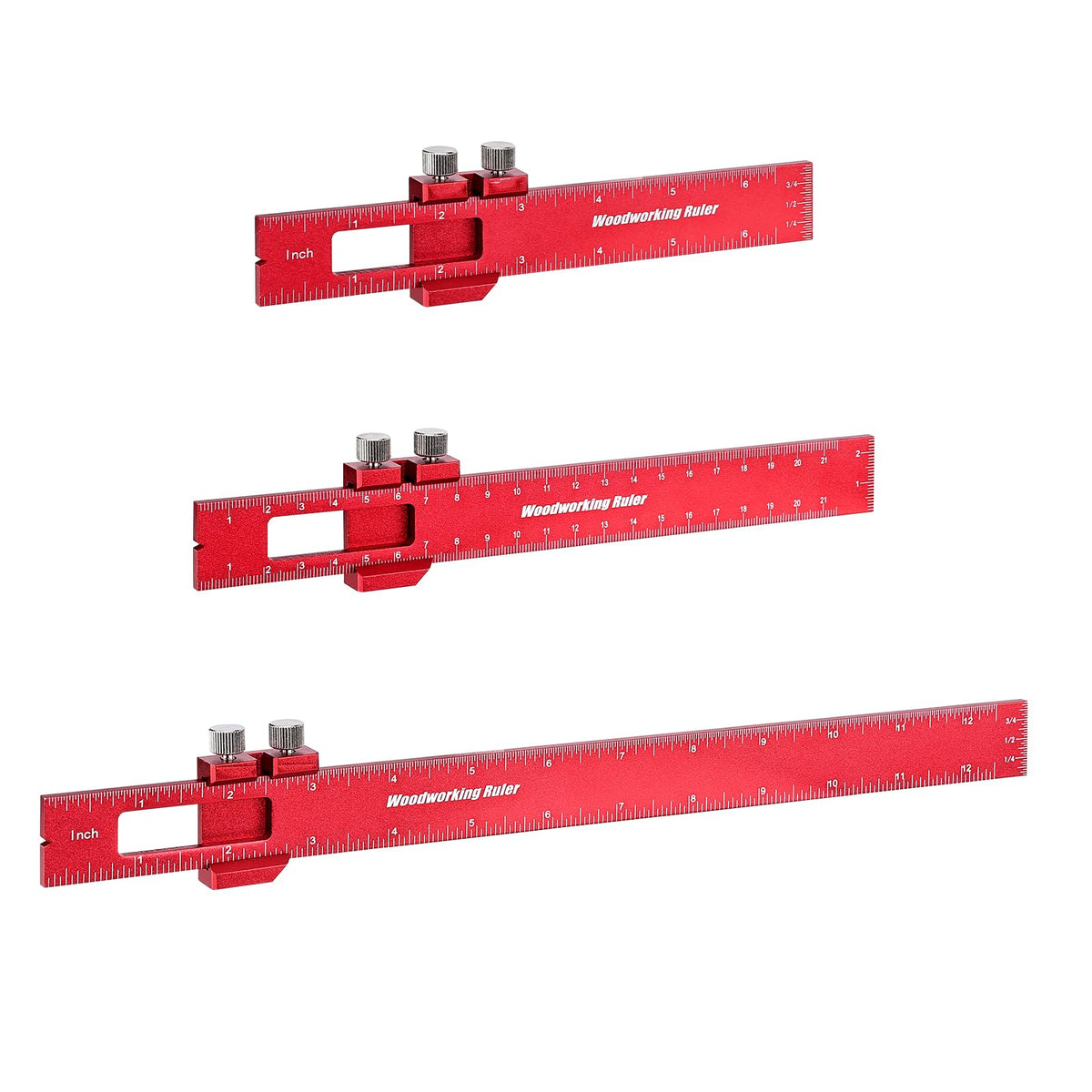 Draxzor 3PCS Woodworking Ruler Set, Precision Pocket Ruler with Adjustable Slide Stop, Aluminum Alloy Measuring Tool for Marking & Scribing, Metal T-Track Square Rulers, Inch and Metric (6", 8", 12")