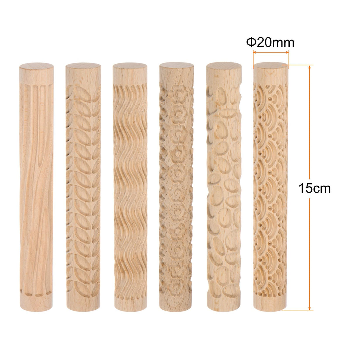HARFINGTON 6pcs Wood Clay Roller Pattern Modeling 5.9 Inch Beech Wood Hand Rollers Wooden Pottery Tools Wood Grain Texture Rollers for Clay Baking Playdough DIY