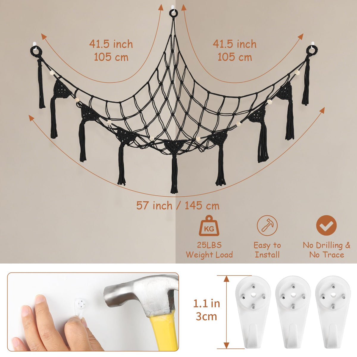 Stuffed Animal Storage Hammock Corner, 57 Inch Large No Drilling Handcrafted Stuffed Animal Net, Natural 100% Cotton Boho Macrame Toy Hammock Stuffed Animal Organizer for Kid Room Nursery Decor(Black)