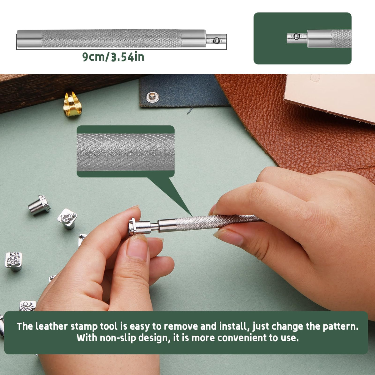 Leather Craft Stamping Tools, Leather Stamping Kit with 12 Tangcao Patterns Stamp and Punch Tools and 25mm Hammer and 3 thimbles for Craft Stamps