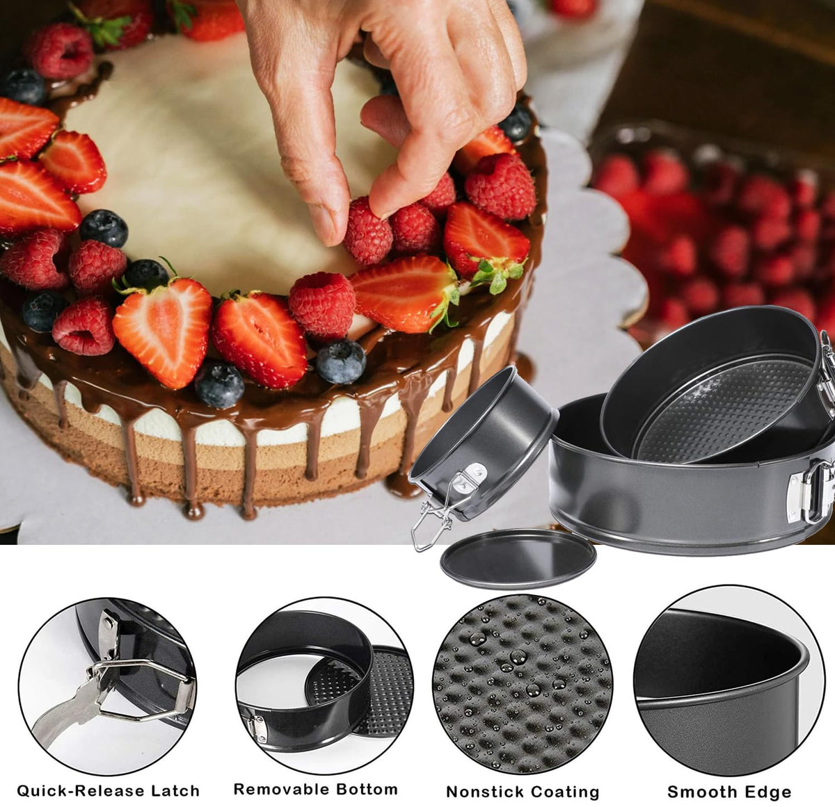 Round Cake Pan Sets for Baking Cake Decorating Supplies: 4 Non-Stick Springform Pans Set (4, 7,9,10 inches), Icing Tips, Cake Leveler – Multi-functional Leak-Proof CheeseCake Pan