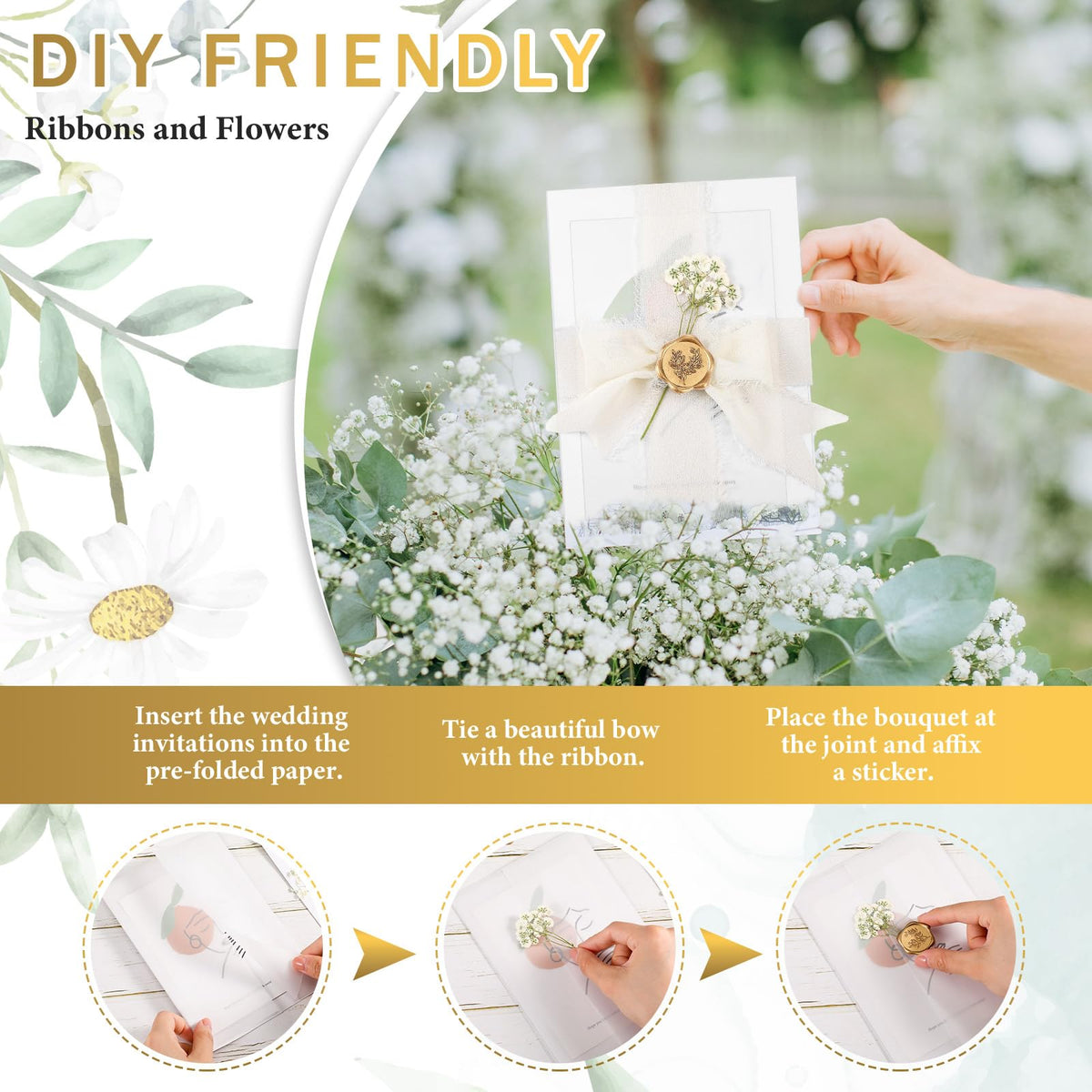 Fuyoooo 30 Set Wedding Invitations Wraps Set Pre Folded Vellum Jackets for 5 x 7 Invitations Self Adhesive Gold Wax Seal Stickers Dried Baby's Breath Flowers Chiffon Silk Ribbon for Craft DIY