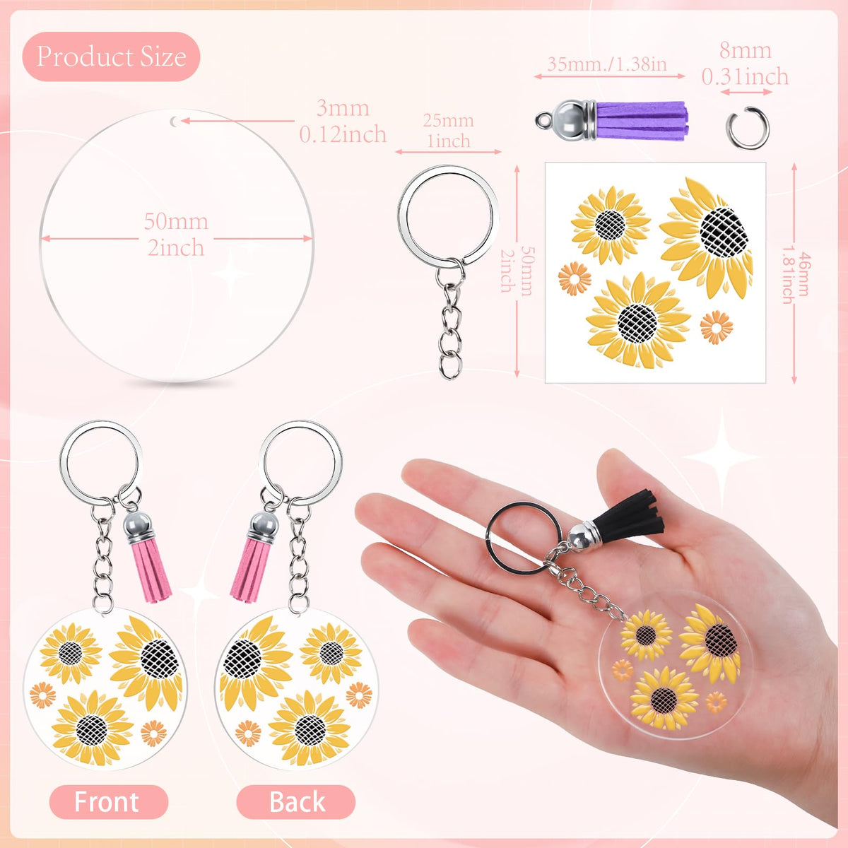 Shejdgart Acrylic Keychain Blanks Kit - 60 Pcs Clear Acrylic Blanks Set with 40 Sheet Double-Sided Printing Funny Humorous Quotes Cold UV DTF Transfer Stickers Tassels, DIY Keychain Crafts Gift