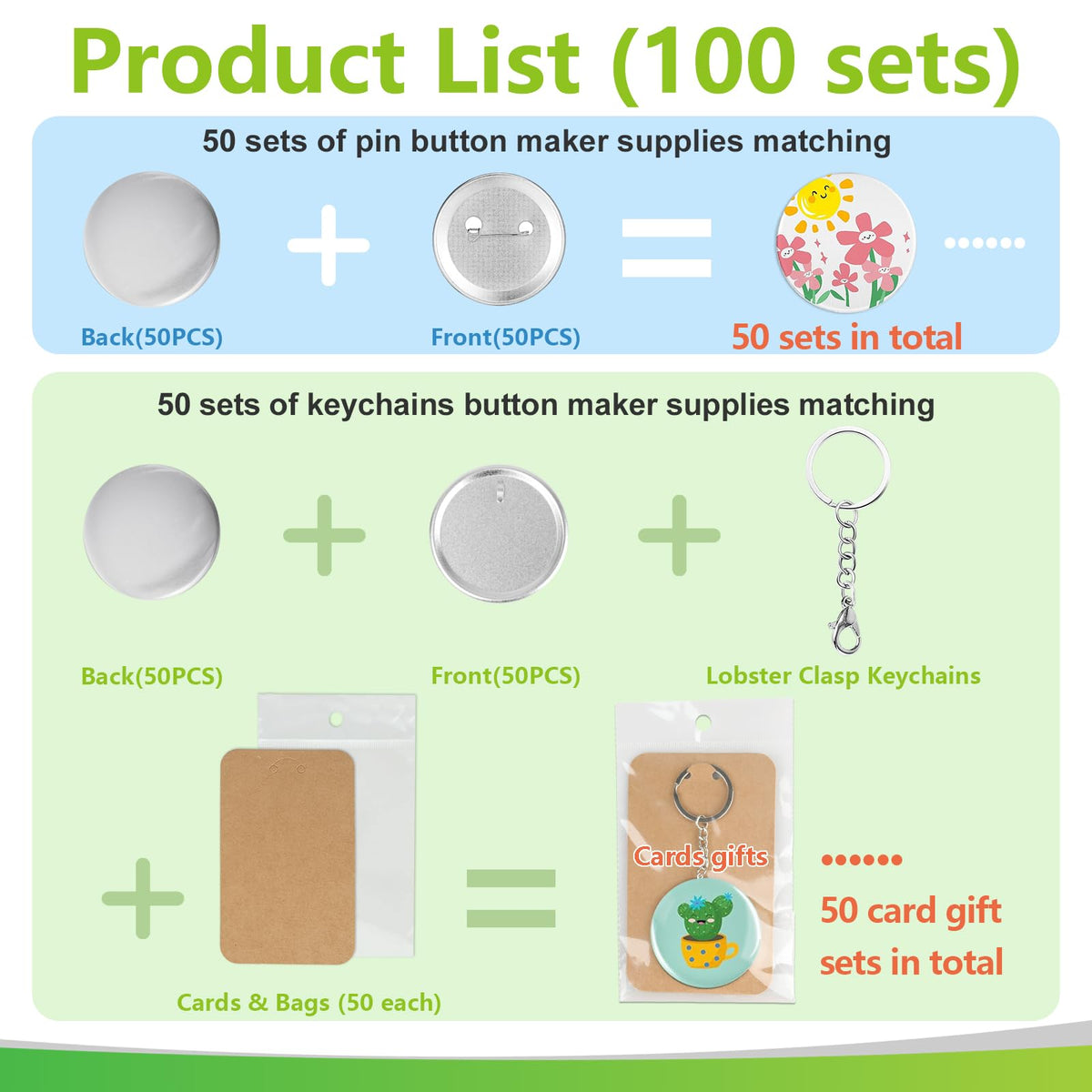 Esmorah 100 Sets (50 pin + 50 Keychain Sets) 58mm/2.25 inch Button Maker Supplies Gift, Keychain Pins Metal Round Badge Parts Making Kit for Button Maker Machine with Metal Cover