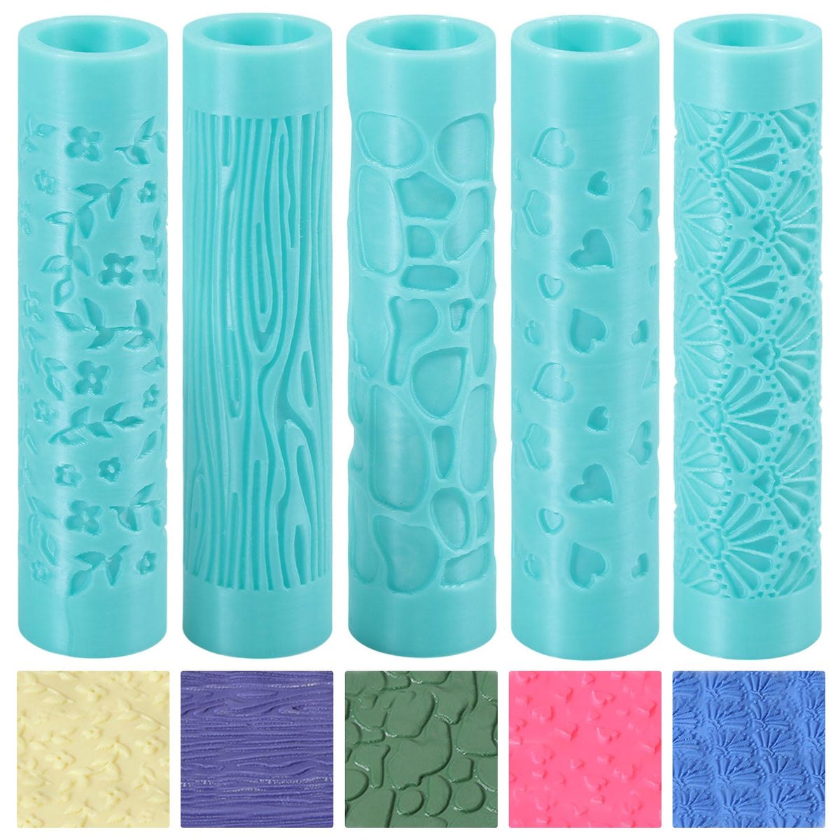 ORIGACH 5 Pcs Polymer Clay Texture Roller for Earring Making, Pottery Tools Texture Roller for Clay Jewelry Making Texture Pattern-Heart, Leaves and Flowers, Cobblestone, Wood Grain, Fan Shape