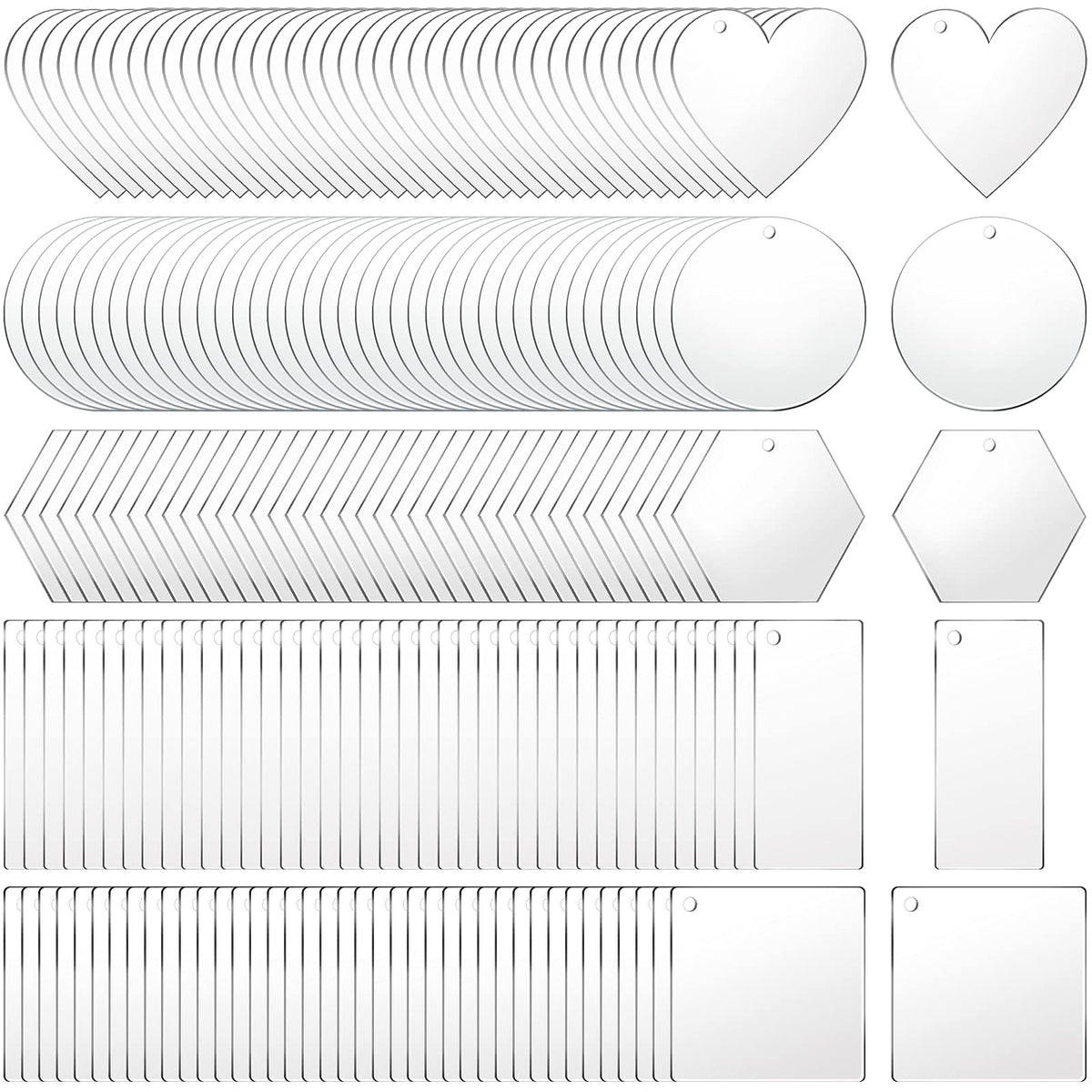PINKXHY 200 Pieces Acrylic Keychain Blanks Transparent Pendants in Circle Heart Square Rectangle Hexagon Shapes for DIY Crafts Projects