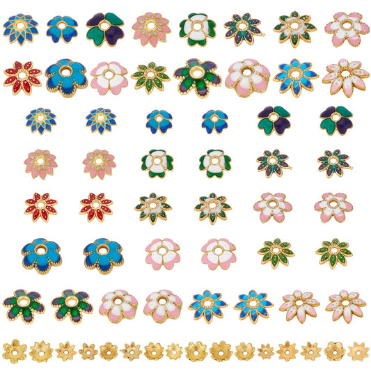 PH PandaHall 96pcs 16 Styles Enamel Flower Bead Caps, French Bead Tail Spacers Vintage Filigree Bead Caps, Colorful Hollow Petal Spacer Beads for Jewelry Bracelet Necklace Earrings Making
