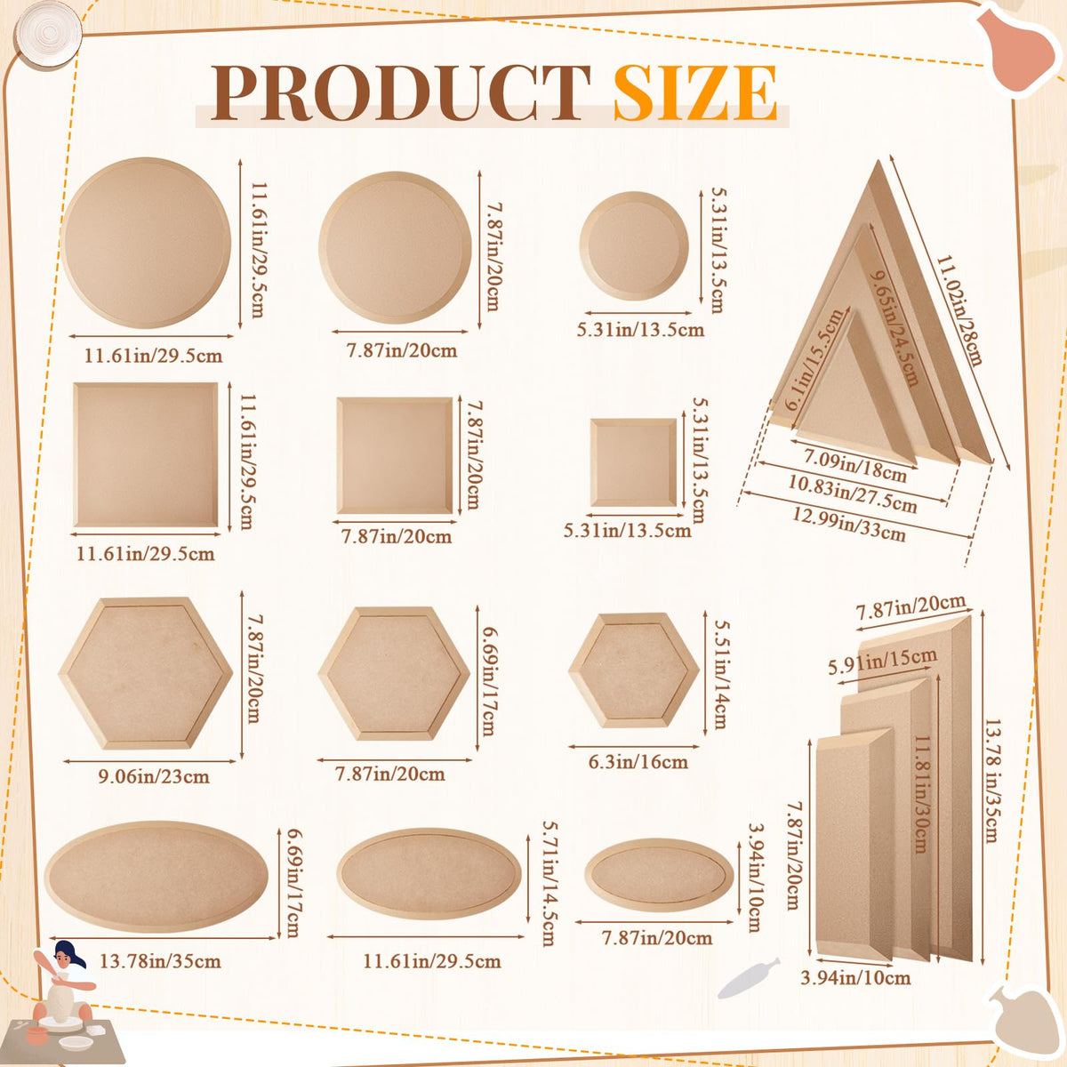 Sunnychicc 18 Pcs Ceramic Mold for Clay Wooden Pottery Molds for Clay Slump for Pottery Ceramic Plate Tools for Handbuilding Dish Plate, 6 Shapes, 18 Sizes