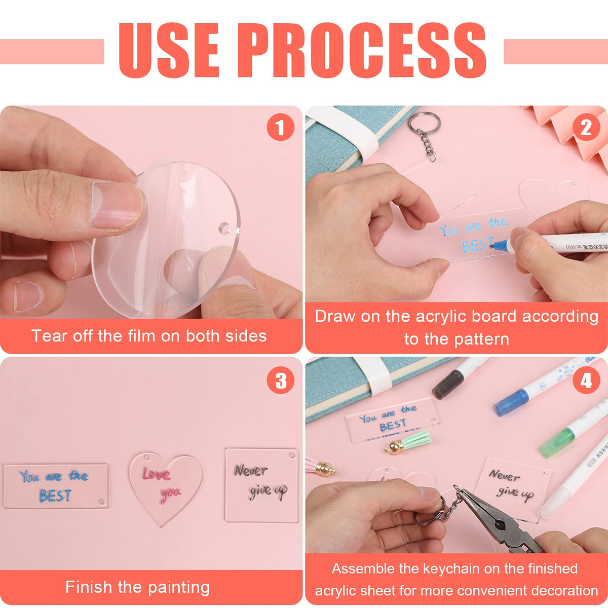 Sdfsdf 200 Piece Acrylic Keychain Blanks - Transparent Pendants in Circle, Heart, Square, Rectangle, Hexagon Shapes for DIY Crafts Projects (C-50)