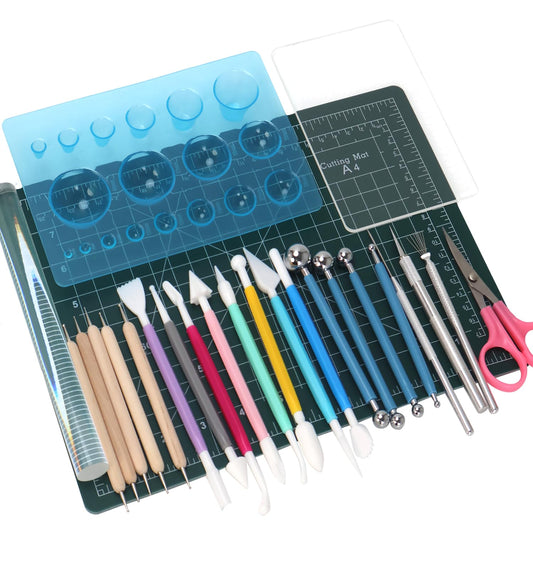 Basic Polymer Clay Tools, Clay Sculpting Tools Acrylic Roller Pin, Clear Rectangle Sheet Press Board, Double-Ended Pottery Carving Set for Beginner (26)