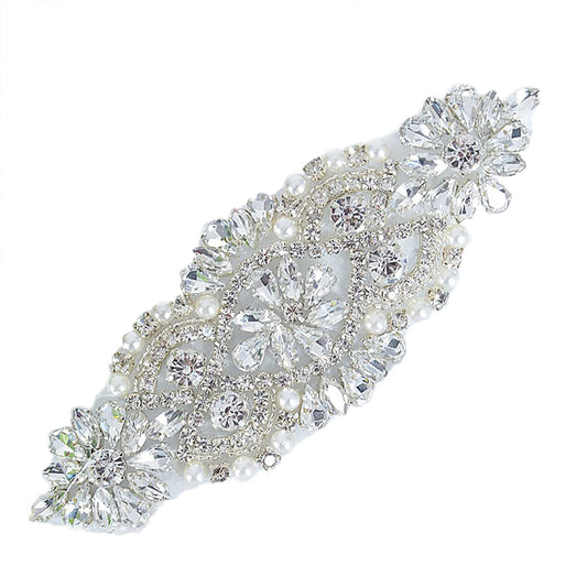 ShiDianYi Rhinestone and Pearl Beaded Applique for Bridal sash, Wedding Headband Wedding Belst Bridal Sash Silver Rhinestone Applique