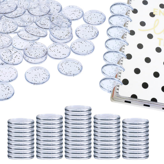 Outus 50 Pieces Expansion Discs Notebooks Planner Discs Book Expansion for DIY Notebooks Planners Clear with Silver Sequins(1.5 Inch)