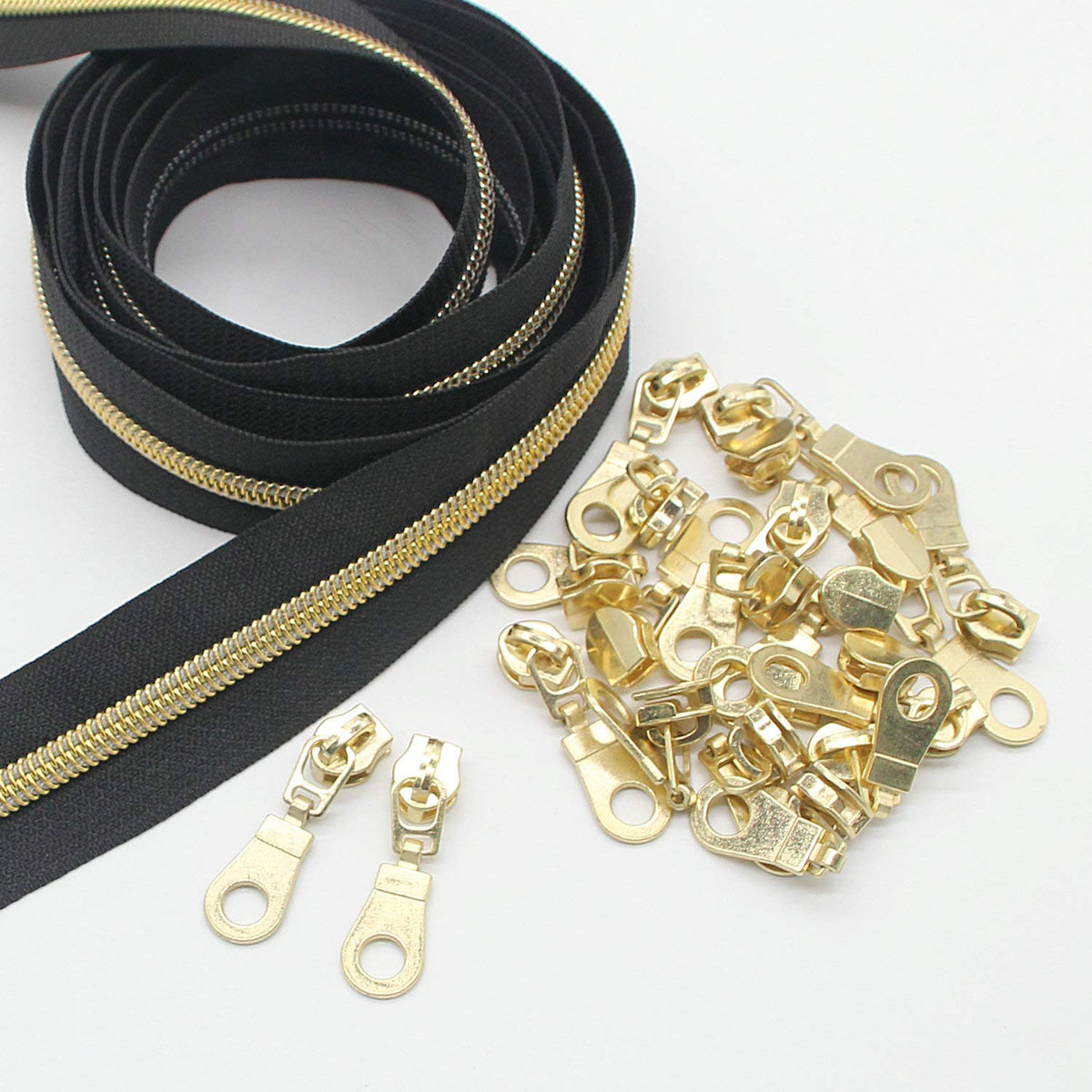 Leekayer #5 Gold Metallic Nylon Coil Zippers by The Yard Bulk 10 Yards Black Tape with 25pcs Gold Sliders for DIY Sewing Tailor Craft Bag(Black)