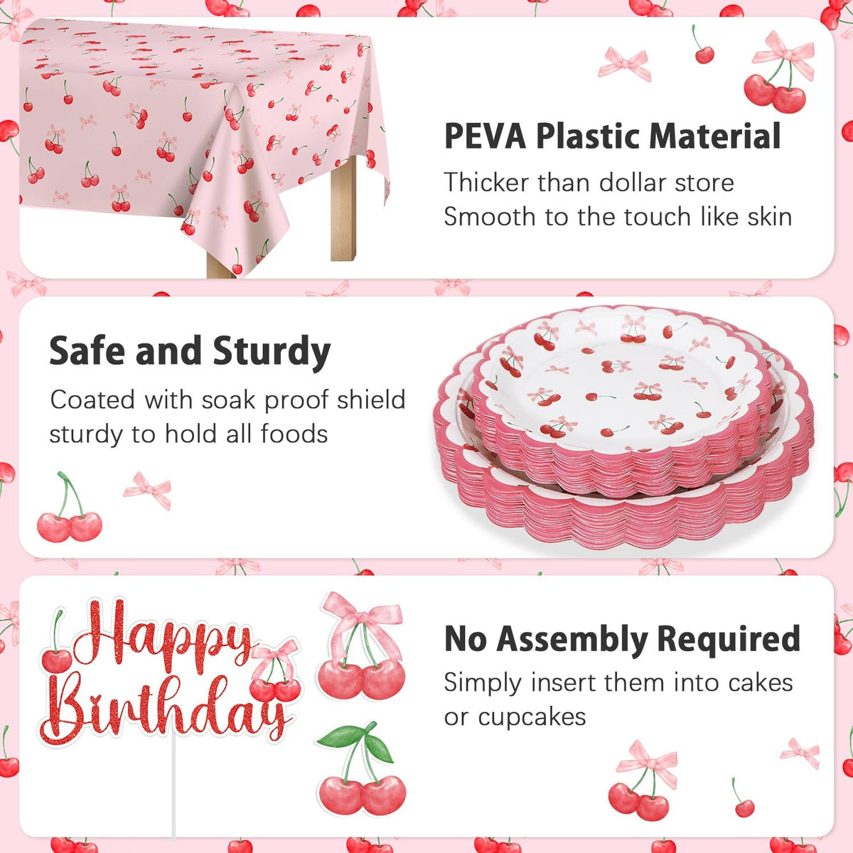 Cherry Birthday Decorations, 182Pcs Cherry Plates Napkins Cups Forks Tablecloth Banner Hanging Swirls Cupcake Toppers and Ballons for Cherries Themed Party Decorations