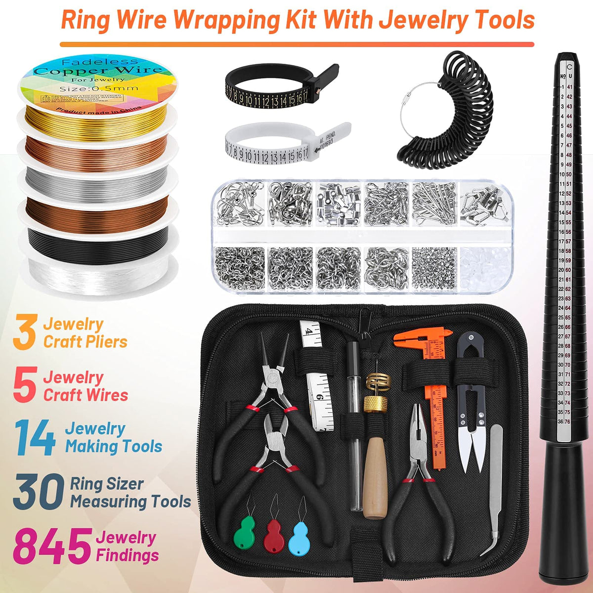 Audab Jewelry Wire Wrapping Jewelry Making Supplies Kit, Ring Sizer Measuring Tools Kit with Tools, Ring Craft Wires, Jewelry Findings for Rings Repair