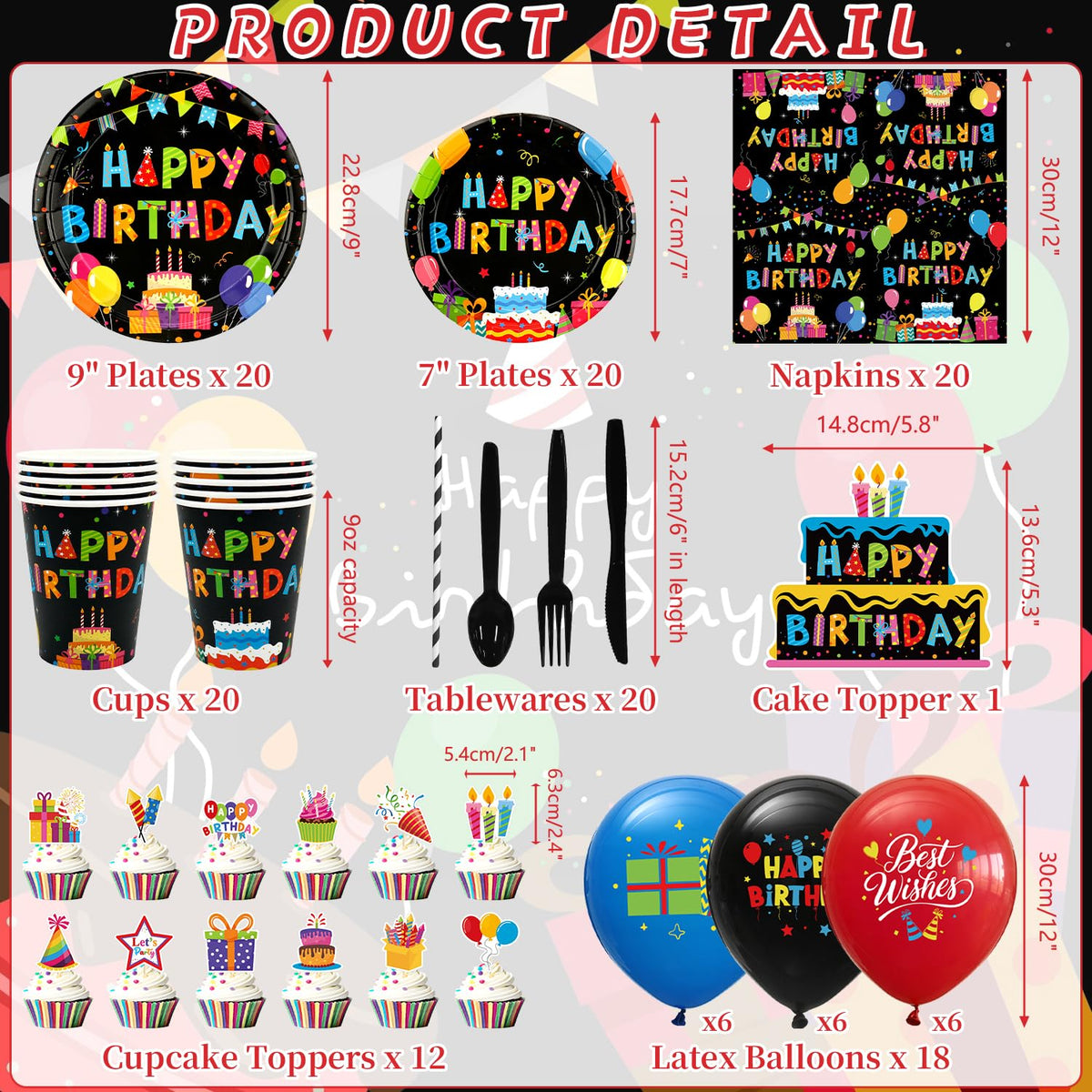 Obussgar Colorful Black Party Decorations - Black and Colourful Party Supplies including Backdrop, Plate, Cake Topper, Cup, Napkin, Balloon, Tablecloth - Serves 20
