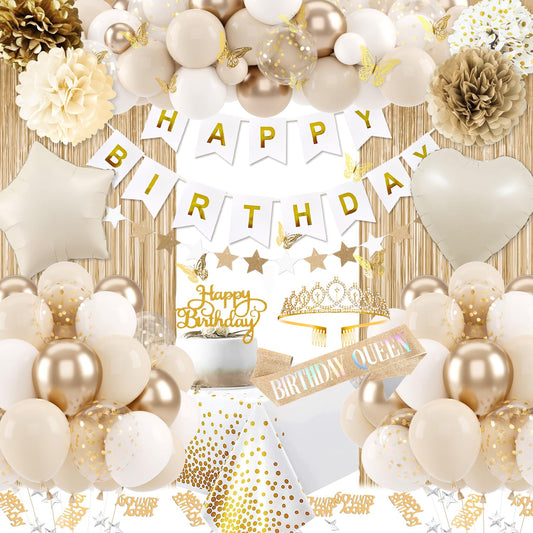 Birthday Decorations for Women, Golden Birthday Party Decorations, White Sand Beige Gold Balloons Tablecloth Birthday Sash Crown Fringe Curtain Butterfly Decor Gold Party Decor for Women Girls Bday