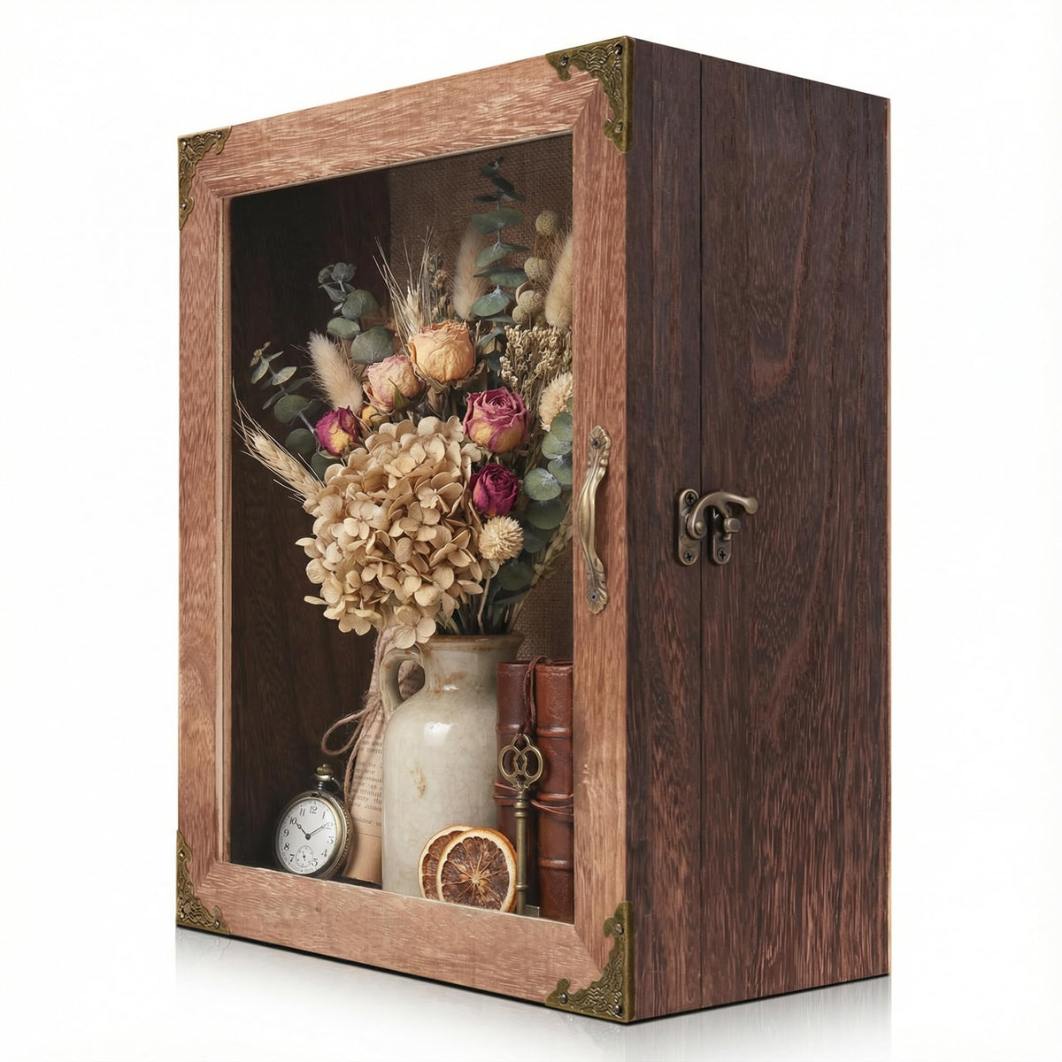 KAASTHAA Shadow Box Frame 11x13, Depth 5in Shadow Boxes Display Cases, Rustic Burnt Wood, Vintage Metal Accents, Acrylic Door, Metal Handle and Latch, Linen Back