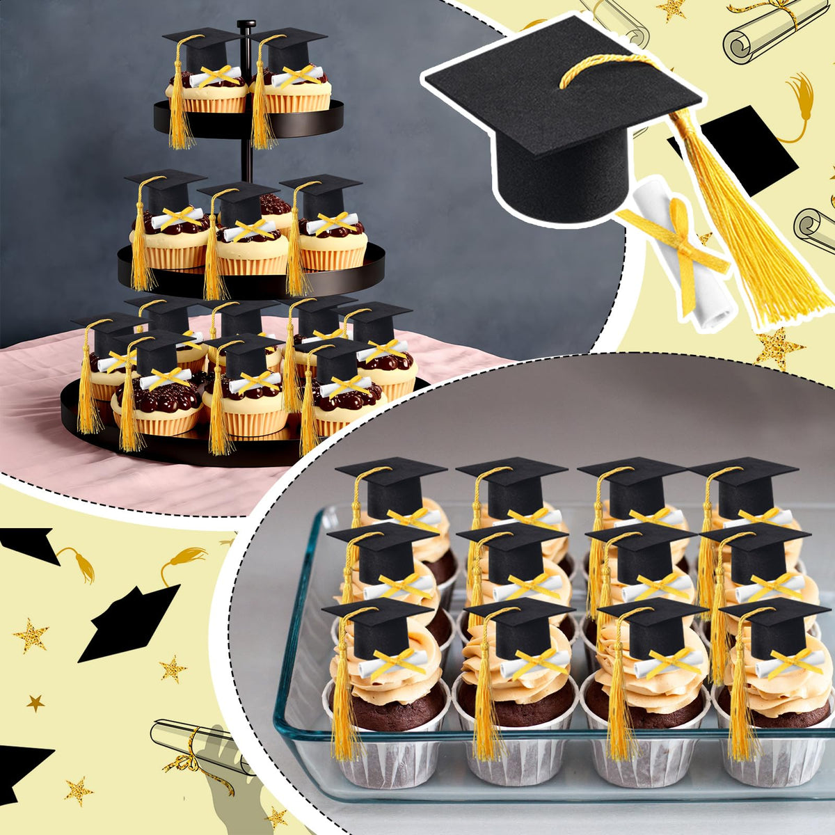 Funtery 36 Pcs Mini Graduation Hats Cupcake Toppers Graduation Scroll Decorations Black Grad Caps with Yellow Tassels Cupcake Toppers Bottle Decor for Graduate Party Supplies