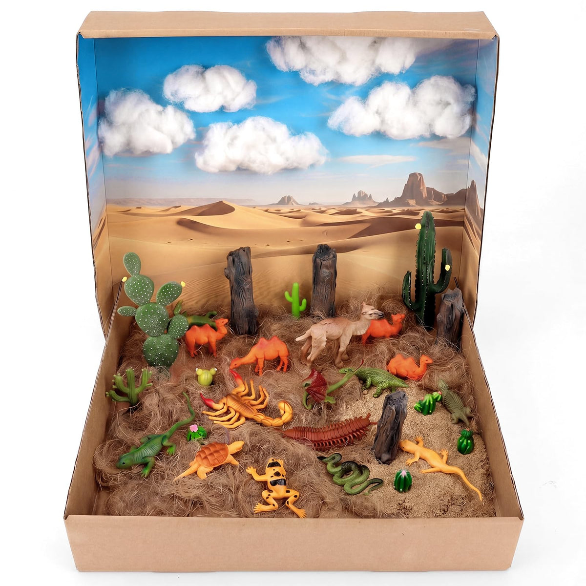 Duraaamo 32 Pcs Desert Animals Figures Diorama Kit Reptiles Lizard Snake Cactus Trees Model Kit Diorama Project with Camel for Miniature Landscape Cake Topper Birthday DIY Craft Project