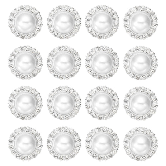 MECCANIXITY 16Pcs Rhinestone Faux Pearl Buttons, 25mm / 0.98" Fashion Vintage Button Round Sew on Embellishments for Clothing Sweater Coats Suits Dress Knitting Decoration, Silver
