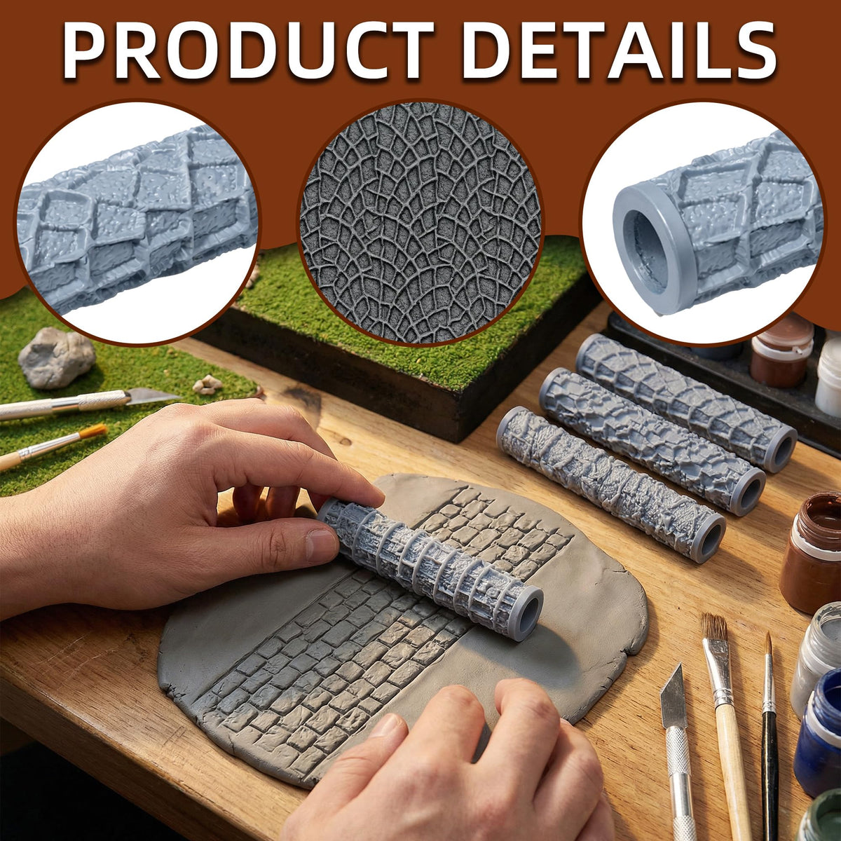 Warmtree 4 Pcs Terrain Texture Roller Set Polymer Clay Texture Roller for DIY Modeling Scenic Terrain Wall Road Model Miniatures Landscape