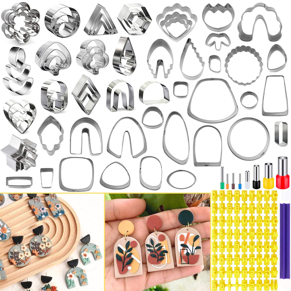 PTFJZ Polymer Clay Cutters for Earring Making 76pcs Clay Tools Set 67 Shapes Stainless Steel Clay Cutters with 8 Circle Shape Cutters 1 Letter Stamp