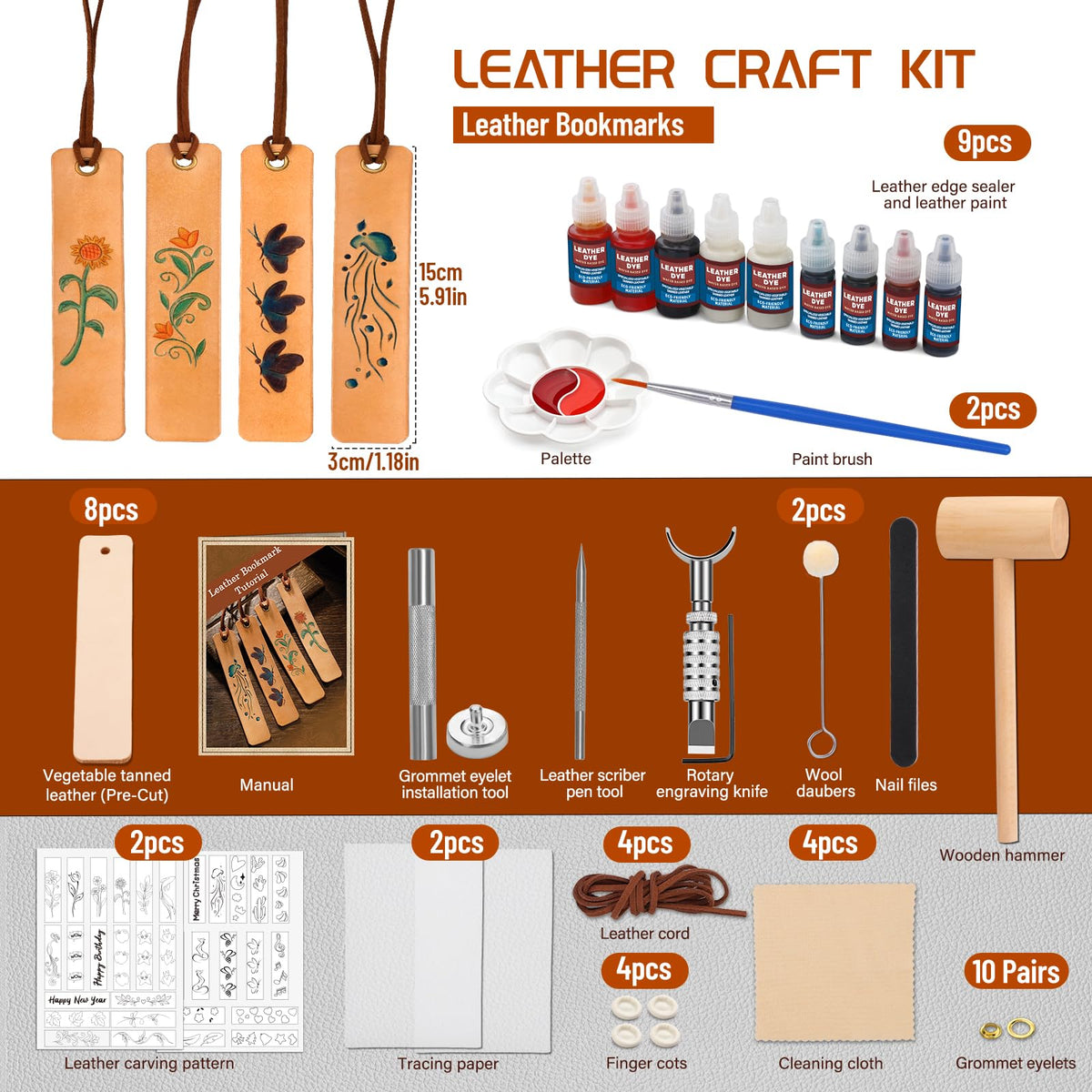 Leather Crafting Kit, Leather Working Kit for Bookmark, Leatherbookmarks Making Kits with Dyeing Carving Working Tools Supplies for Book Mark, Bookmarks for Book Lovers, Adults DIY Crafts Making