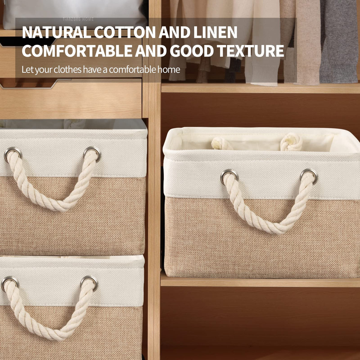 8 Pack Storage Basket Bins - Decorative Baskets Bulk Storage Box Cubes Containers with Handles for Clothes Storage Bathroom, Garage, Books, Home, Office, 13.7L x 9.8W x 6.7H (White&beige)