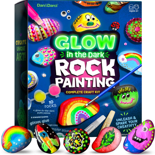 Dan&Darci Kids Rock Painting Kit - Glow in The Dark - Gifts Arts & Crafts for Boys and Girls Ages 6-12 - Craft Activities Kits - Creative Art Toys for 6, 7, 8, 9, 10, 11 & 12 Year Old Kid
