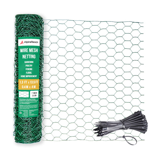 AlpineReach Chicken Wire 1.3ft x 13.5ft Fencing for Poultry, Crafts, Floral Arrangements, Zip Ties - Green Mesh Roll Galvanized Hexagonal PVC Coated Garden Netting for Gardening Fence (15.6" x 162")