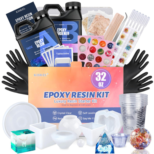 KISREL Epoxy Resin Kit for Beginners, Resin Kit with Molds, 32OZ Epoxy Kit wiht Dried Flowers, Measuring Cups and Resins Supplies
