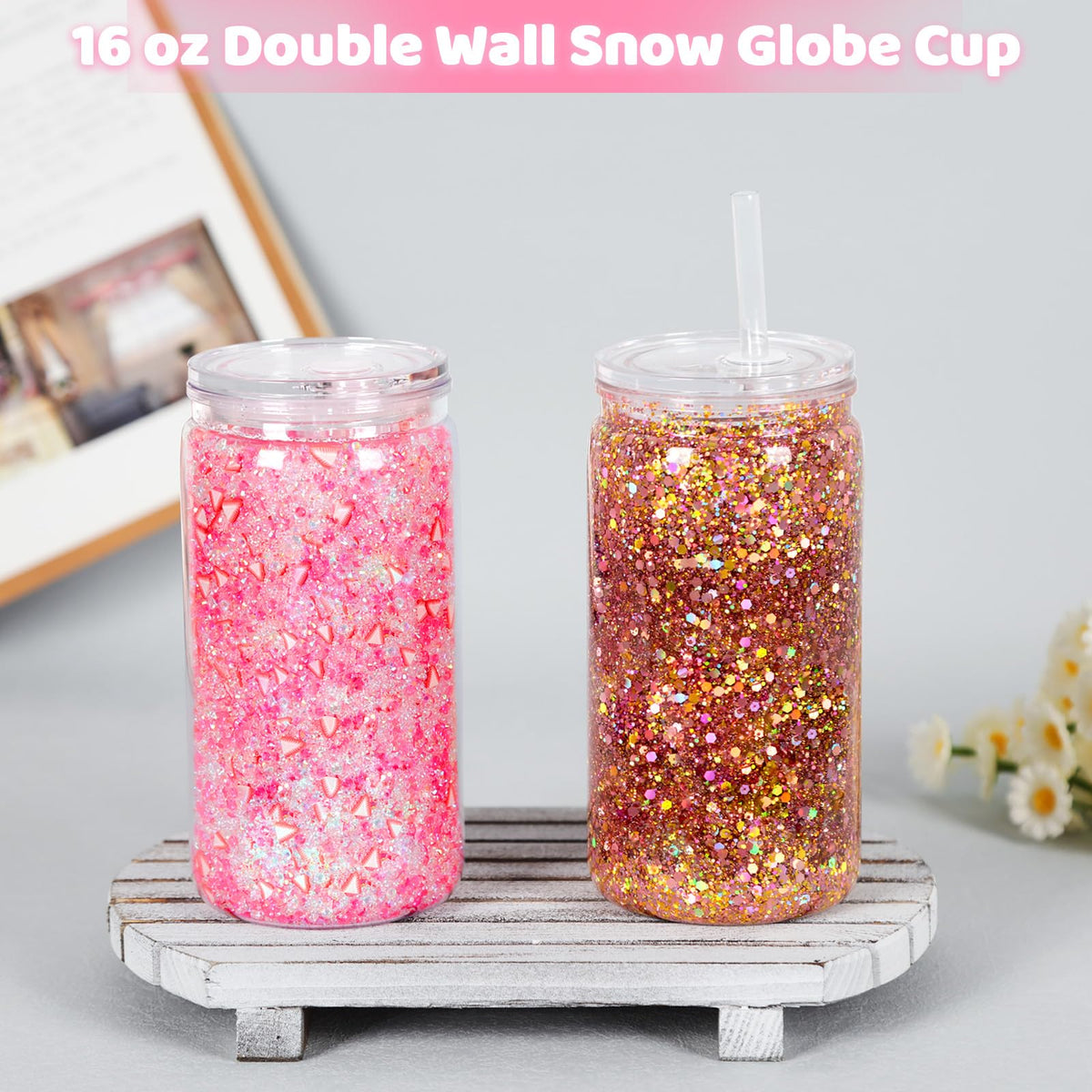 Tswofia 8 Pack Snow Globe Tumbler, 16 Oz Double Wall Plastic Can with Lid and Straw, Mason Jar Mug for Snow Globe Glitter DIY Gift (Clear)