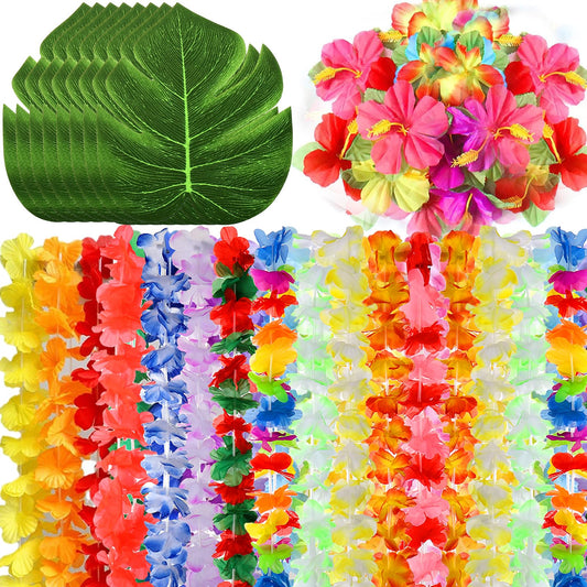 70 Pcs Hawaiian Luau Leis Decorations Supplies, Tropical Palm Leaves Hibiscus Flowers Simulation Artificial Leaf for Birthday Baby Shower Summer Beach Pool Party Decorations Favors Supplies
