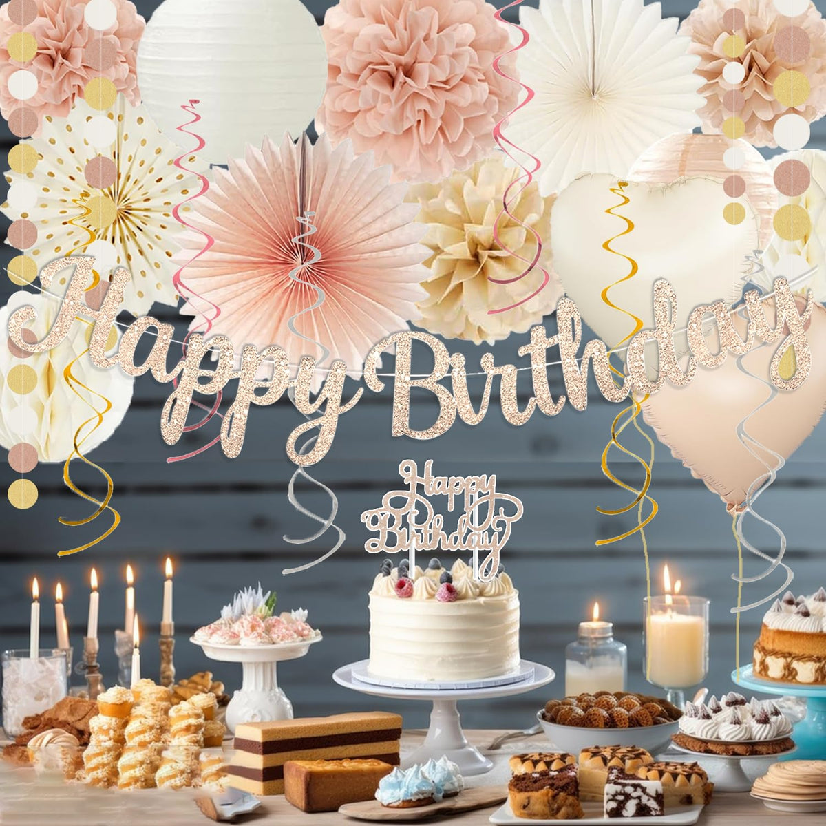 Champagne-Gold Beige Fall Boho Birthday Party Decorations 62pcs Happy Birthday Banner, Peach White Paper Lanterns, Streamers, Tissue Pom Poms, Blush Beige Boho Party Balloons, Rustic Backdrop Decor