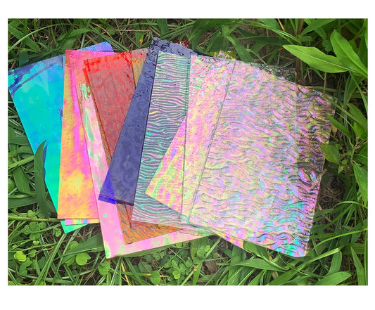 Lanyani 12 Sheets Iridescent Stained Glass Sheets, Cathedral Art Glass Packs for Mosaic Work Craft, Assorted Clear+Opaque+Colored Transparent