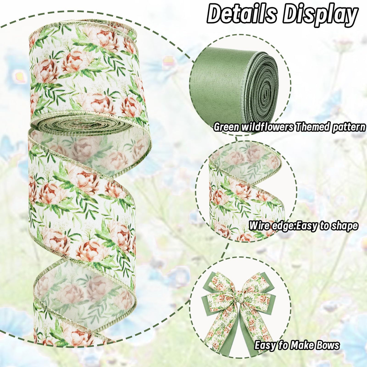2 Roll 20 Yards Sage Green Floral Wired Edge Ribbon Watercolor Greenery Floral Fabric Ribbon for Spring Summer Wreath Bow Making DIY Crafts Wrapping Party.