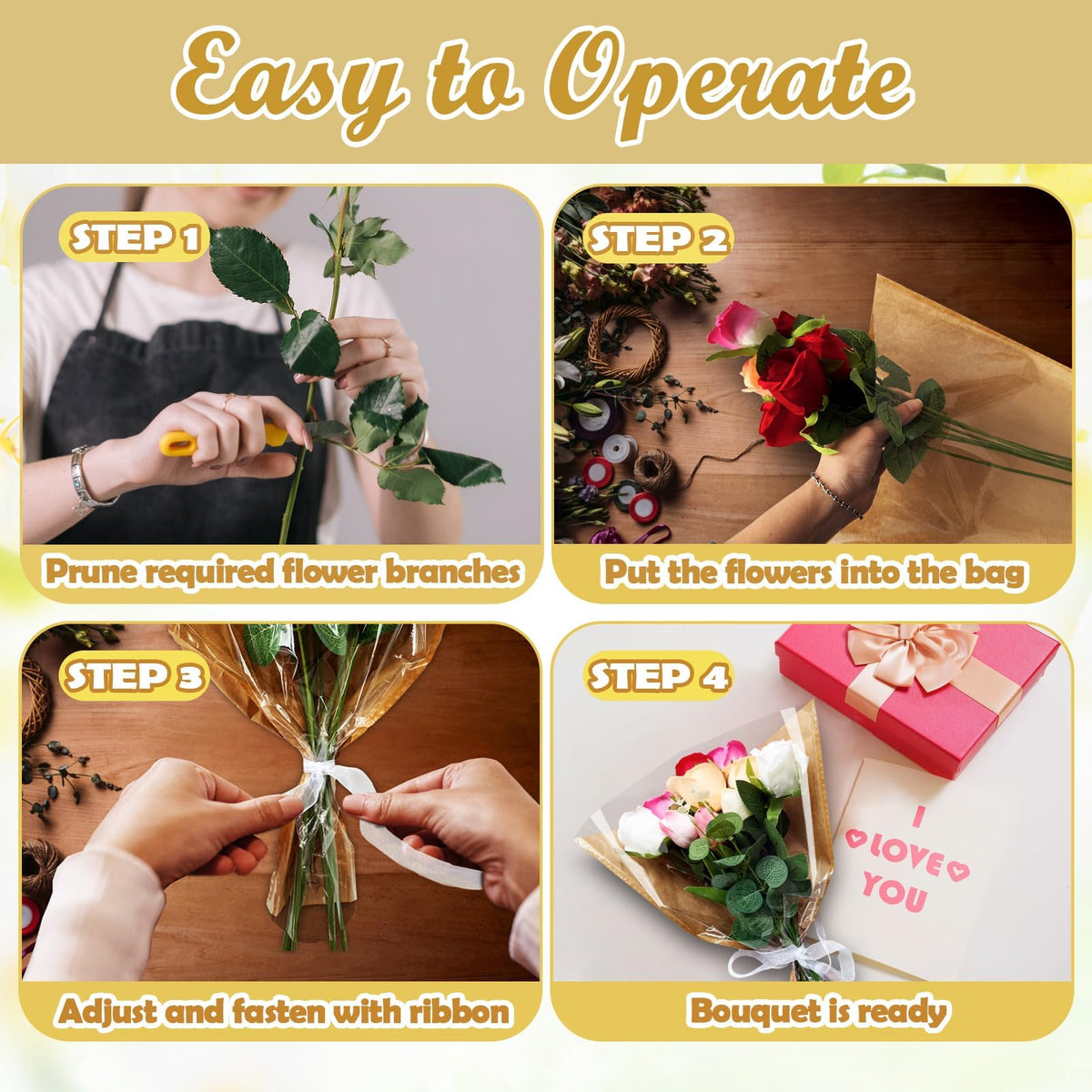 Srmayyi 100 PCS Flower Bags for Bouquets, Kraft Flower Wrapping Bags, Floral Wrapping Paper, 15.8" x 13.8" x 3.9" for Multiple Occasions