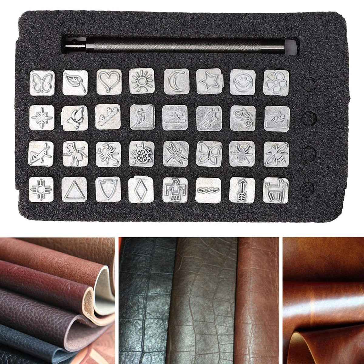Leather Stamping Tools with Rubber Hammer, 71 PCS Leather Different Shape Saddle Making Stamp Punch Set Leather Carving Tools Leather Stamps Leather Punch Tools (71PC)