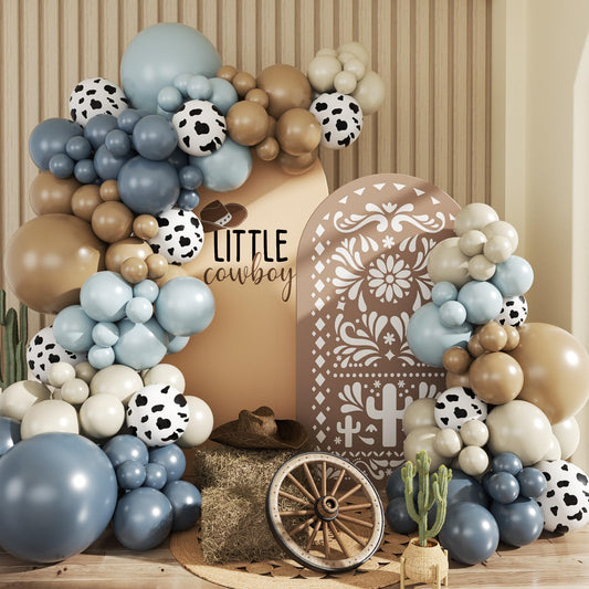 JOYFLOAT Cowboy Dusty Blue Cow Balloon Garland Arch Kit, Light blue Brown Sand White Balloons for Cowboy Rodeo Baby Shower Western Theme Birthday Party Decoration