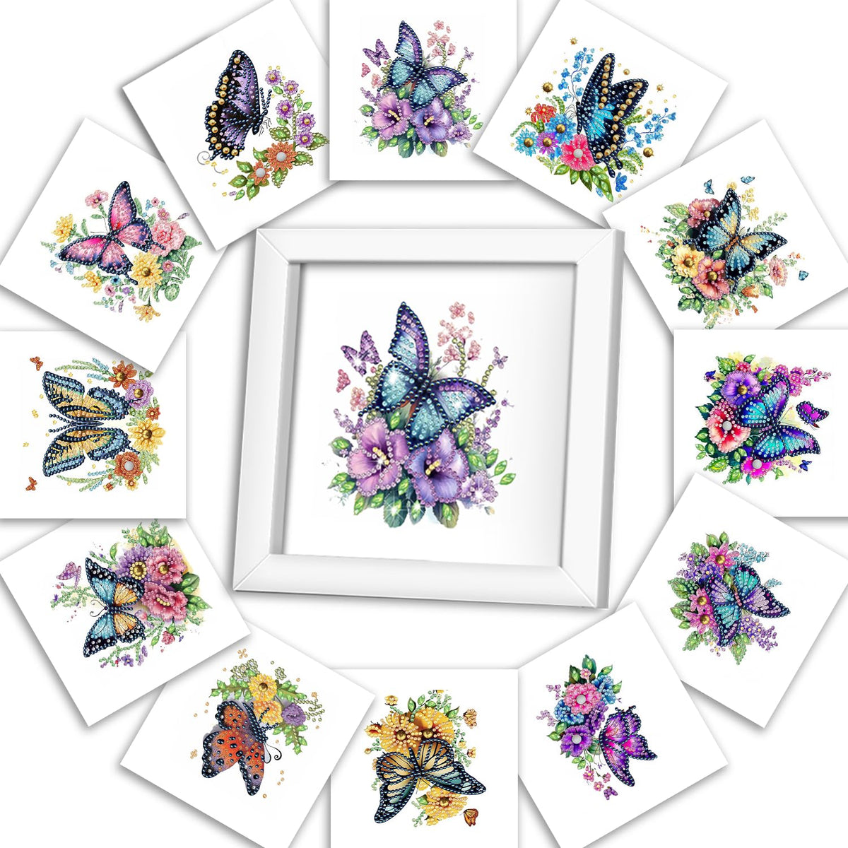 DOZEEZOP 12-Pack Interchangeable Diamond Art Kits for Adults Beginners Teens with Frame, Butterfly & Floral 5D Diamond Paintings with Round Partial Drill, Home Decor DIY Craft Gift (7x7 Inch)