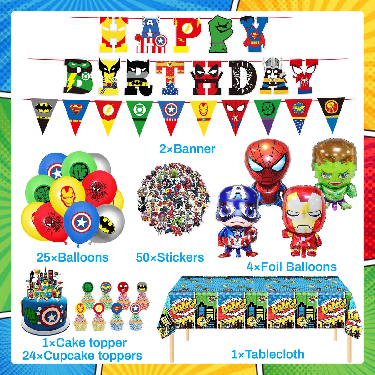 Birthday Party Decorations Kit, Includes Happy Birthday Banner, Foil Balloons, Tablecloth, Backdrop, Adult Themed Party Supplies