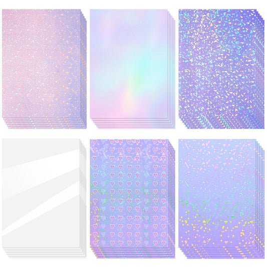Clabby 36 Sheets Holographic Sticker Paper A4 Vinyl Holographic Laminate Sheets Self Adhesive Waterproof Transparent Film, 11.7 x 8.3 inches(Gem, Dot, Colorful, Star, Heart, Glossy Clear)