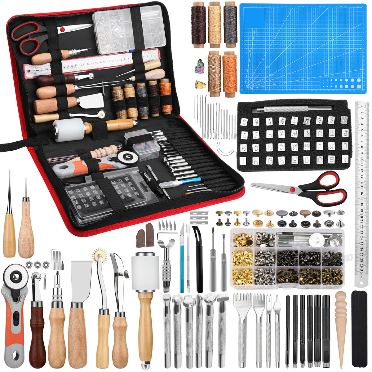 SOCNITC Leather Craft Tools, Leather Working Kit with Snaps and Rivets Kit Stamping Tools Stitching Groover Waxed Thread Punch Hole for Leathercraft Adults, Beginners