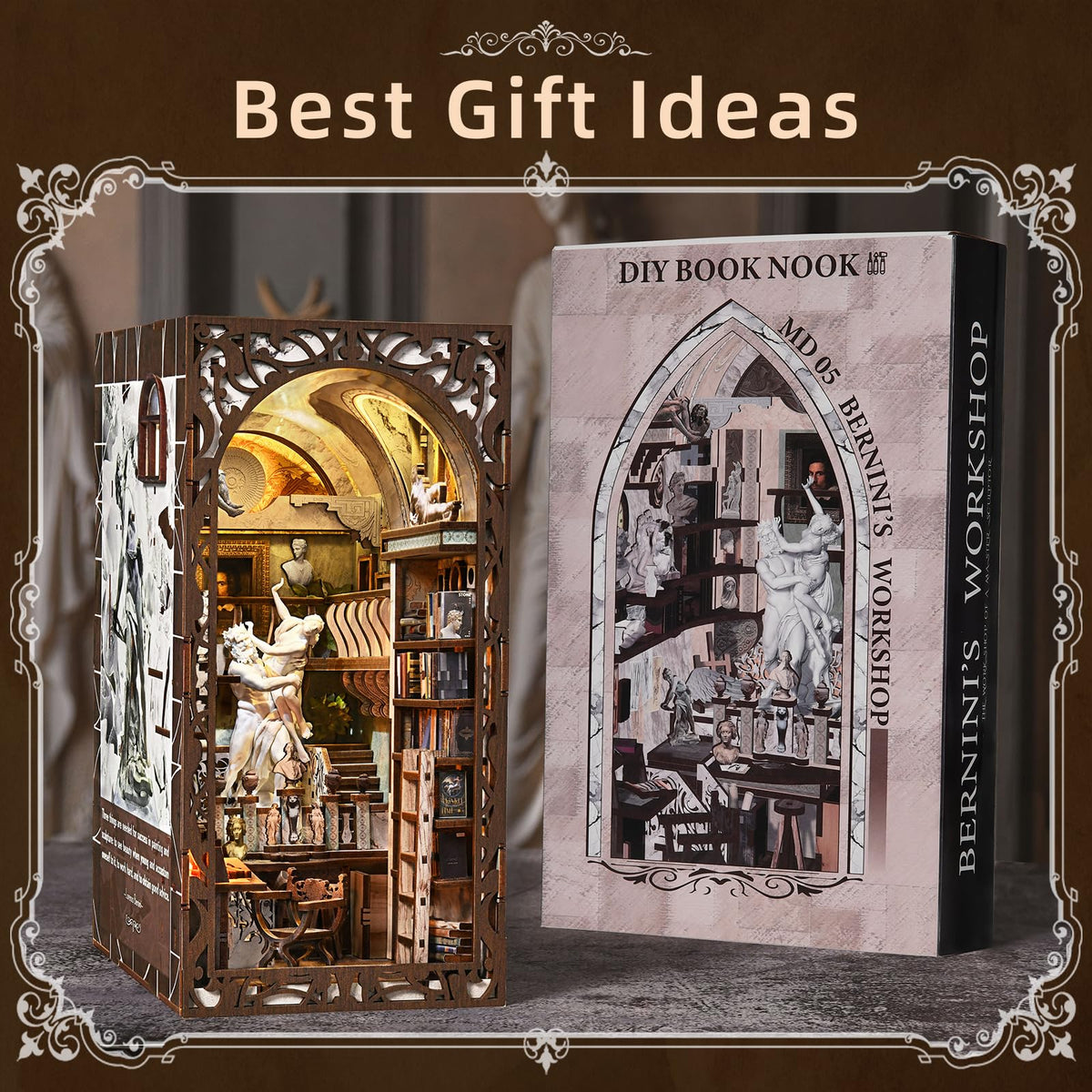 CCCDF DIY Book Nook Library Kit, Miniature Dollhouse Booknook Kit, 3D Wooden Puzzle Bookend Bookshelf with LED Light for Teens and Adults (Bernini's Sculpture Workshop)