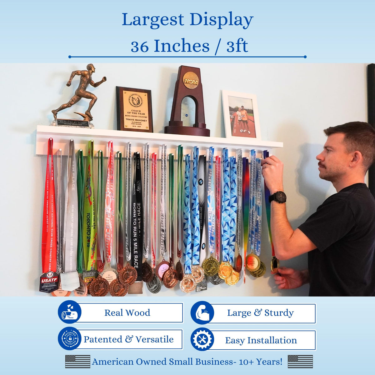 3ft Medal Hanger Display for Wall — Trophy Shelf with Hooks for Medals — 36" Solid Wood — Holds 30+ Medals + Cased Medals for Running, Gymnastics, Cheer, Karate — White- Medal Awards Rack