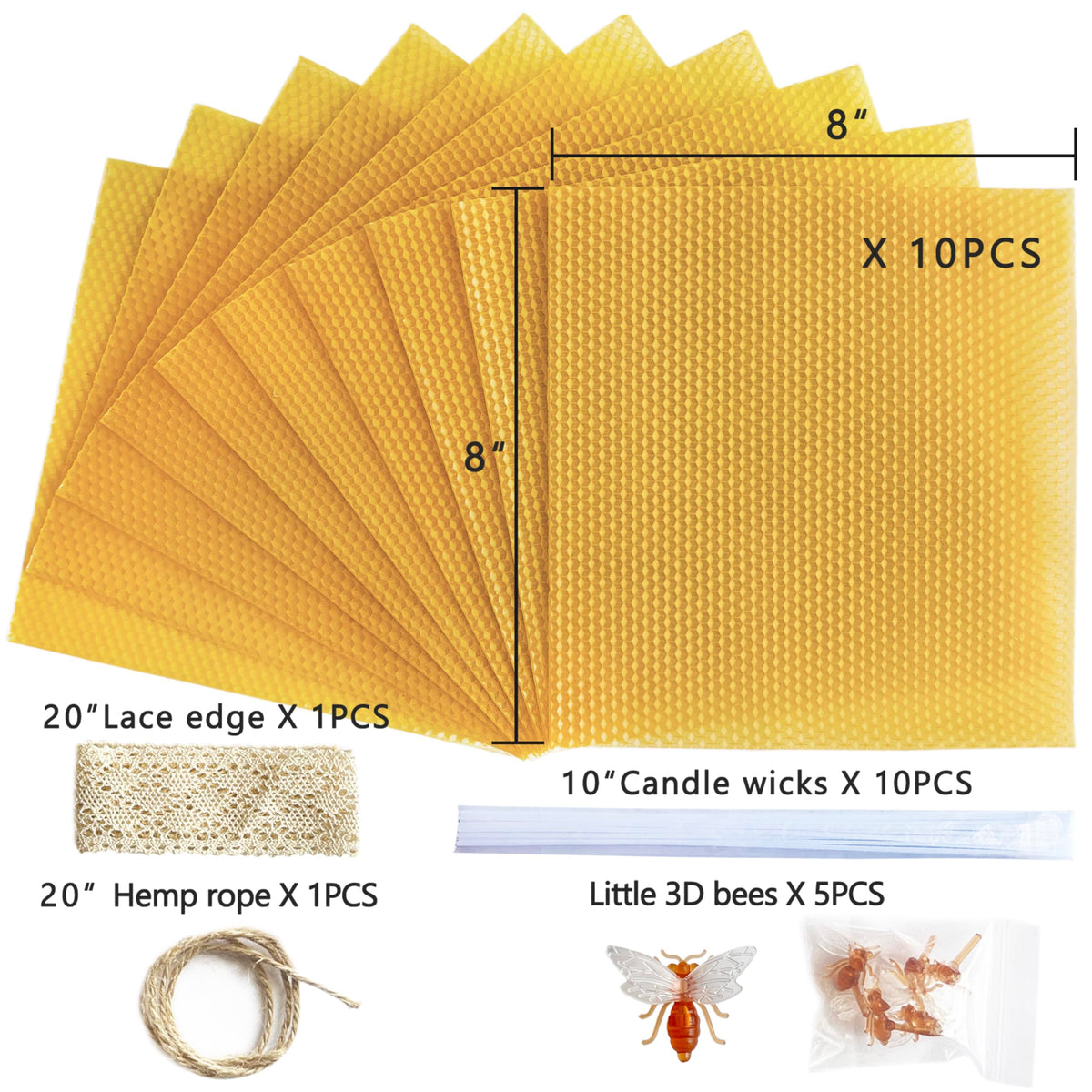 Lacaser Beeswax Candle Making Kit, 10pcs 8"x 8" 100% Beeswax Sheets for Candle Making -Include Bee Ornaments, Lace, Cotton Wicks & Hemp Rope, DIY Candles Making Supplies