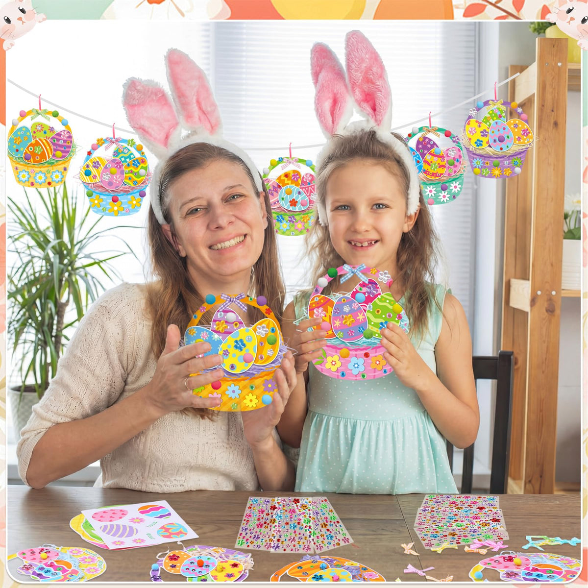 Funrous 48 Sets Easter Crafts Kit Easter Basket Egg Paper Crafts DIY Make Your Own Basket Hanging Ornaments Decorations with Pompoms Diamond Stickers Spring Classroom Activity Arts Gifts Party Favors