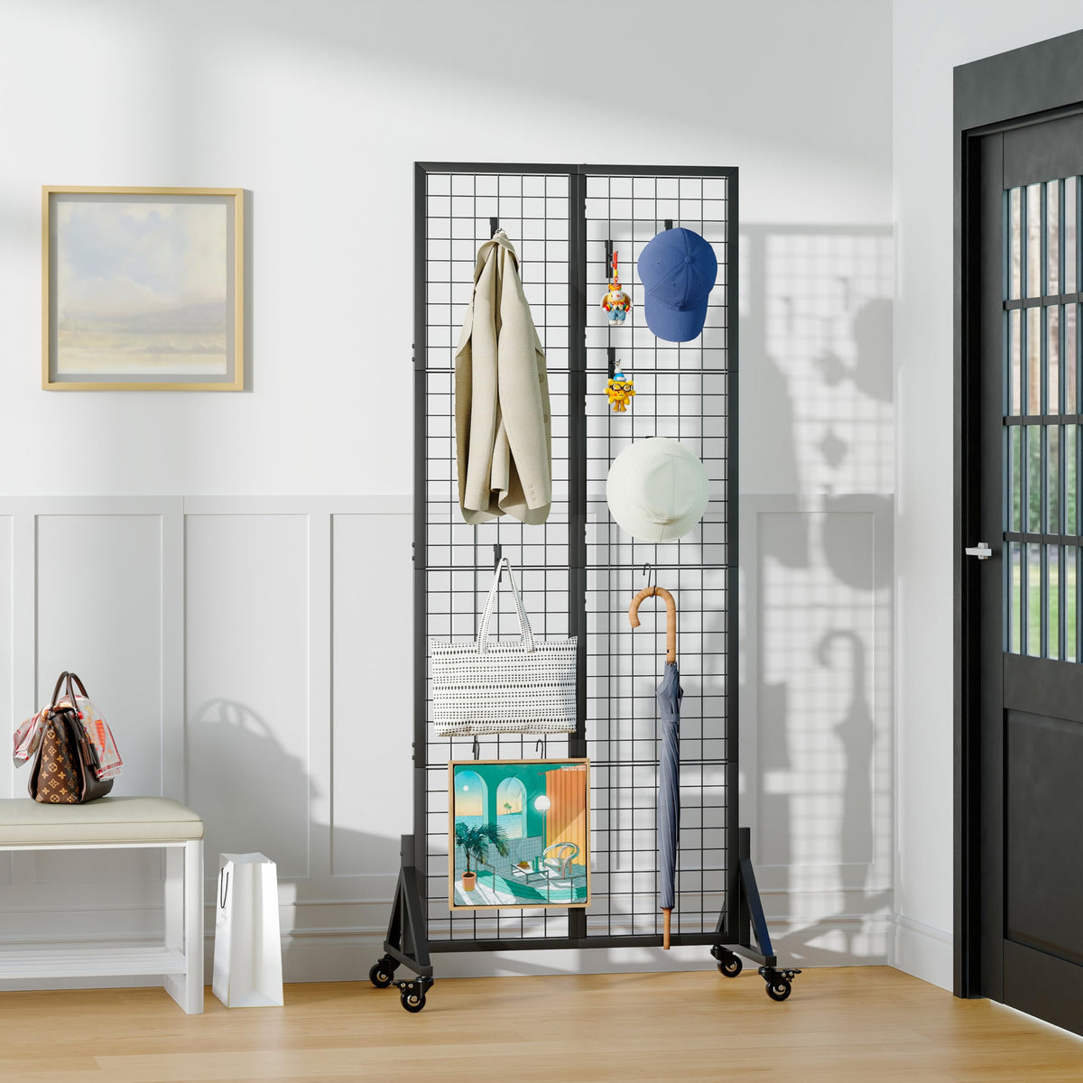 VAFEKOL Rolling Gridwall Display Stand, 65.6" H x 23.6" W Wire Mesh Rack with Wheels, Metal Display Grid for Art Shows, Craft Fairs, Retail Boutique & Home Storage, Black